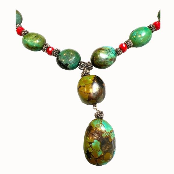 Handmade Green Turquoise Beaded Necklace Pendant  Boho Tribal Statement Jewelry - Picture 3 of 12